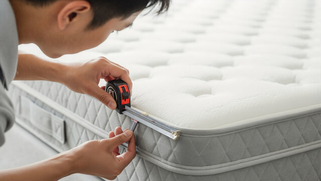 Close-up of man measuring new mattress with tape measure. Person checking size of bedroom furniture for home improvement or moving