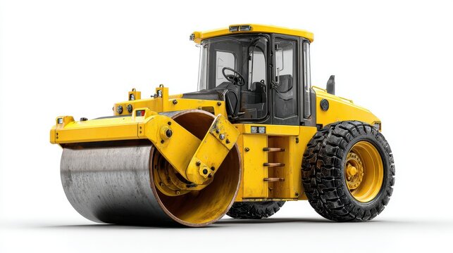 Yellow heavy duty road roller compactor machine isolated on white background
