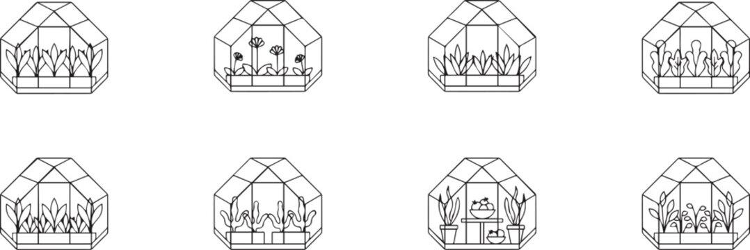 Greenhouse icons with various plants and flowers inside  illustration set