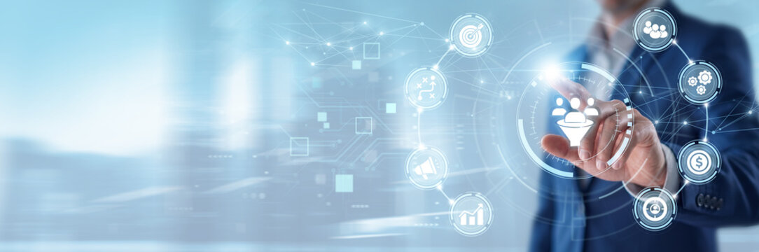 Businessman touching lead generation analytics and networking data, customer acquisition strategy, digital marketing automation, sales conversion and business growth solutions