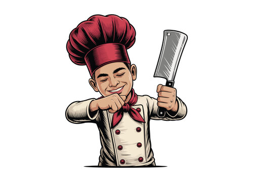 Chef doing the dab pose with a cleaver digital illustration on transparent background.