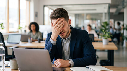 Obraz premium Stressed Young Businessman with Headache Working on Laptop in Modern Open Office Environment