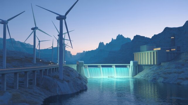 Wind Turbines and Hydroelectric Dam at Sunset with Mountain Landscape
