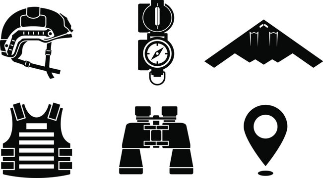 Military and tactical equipment silhouette collection featuring helmet, compass, stealth aircraft, bulletproof vest, binoculars, and location marker for defense, navigation, 