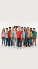 Obraz premium Large group of diverse children standing in formation against white background. Multi-ethnic kids smiling together. Vertical portrait of childhood diversity and unity