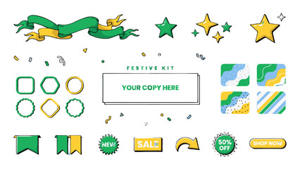 Naklejka premium A festive kit with ribbons, stars, sale tags, and graphic elements for design.