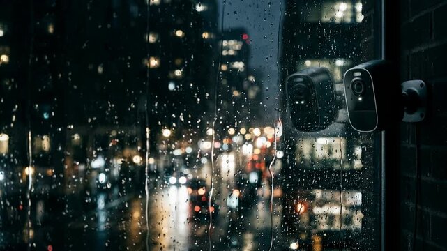 Security camera mounted on wall overlooking city street at night during heavy rain. Surveillance equipment monitoring urban traffic through rain streaked window.