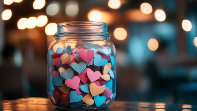 Close up glass jar packed with tiny heart candies beside warm bokeh lights creating charming romance theme for love celebration dessert gift valentine party wedding and playful sweet cozy background