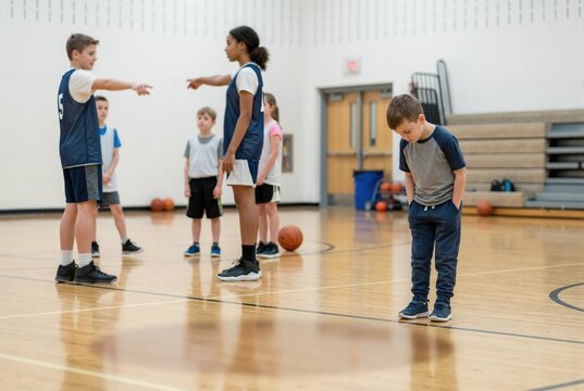 Children pointing at sad boy standing in school gymnasium. Bullying and social rejection concept. Diverse kids excluding classmate during sports