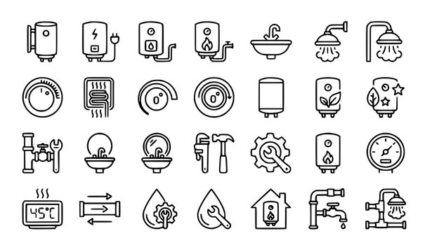 Geyser Water Heater Outline Icon Set Editable Stroke Appliance Vector Collection