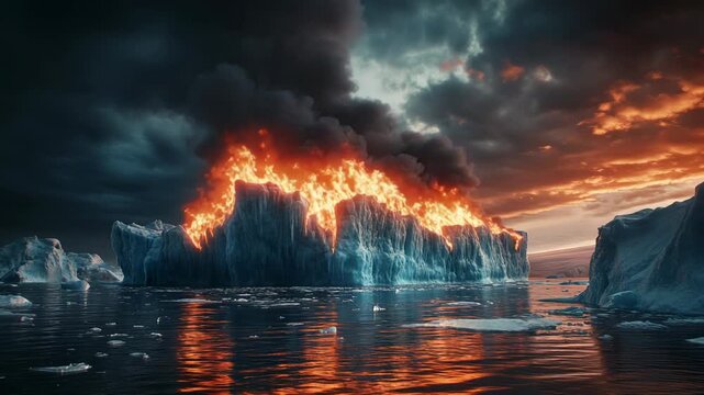 Massive iceberg burning with bright flames on dark ocean under stormy sky creating dramatic climate change scene with melting ice reflections smoke and environmental danger global warming awareness