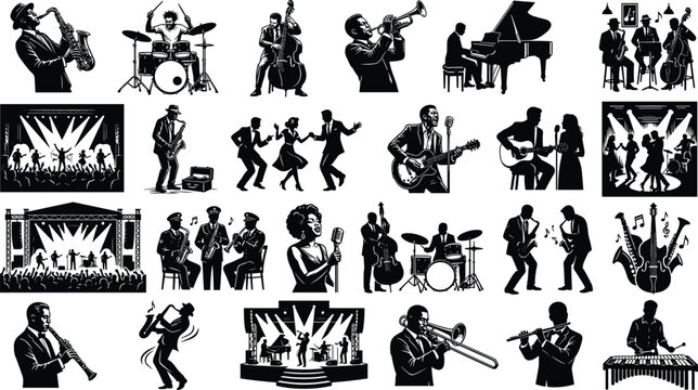 Jazz Musician and Live Band Silhouette Collection Featuring Concert Performers, Instruments and Stage Entertainment