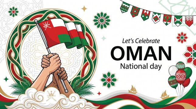 Oman National Day, Celebration Background, Red Green White Illustration, Patriotic Design Elements