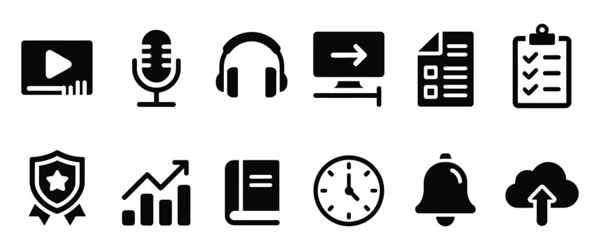 E Learning Glyph Icon Set Featuring Online Course, Microphone, Headphones, Checklist, Growth Chart, and Notification Symbols