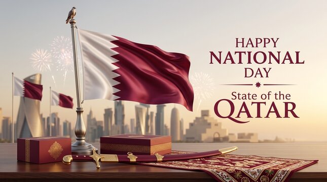 Qatar National Day, flag and cityscape, celebration background, patriotic holiday, State of Qatar