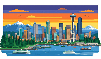 Fototapeta premium Seattle Skyline at Sunset Washington USA Cityscape Vector Illustration