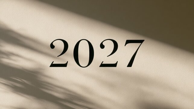 Numbers 2027 appear in a dark serif font against a smooth beige surface with soft leaf shadows cast by sunlight.