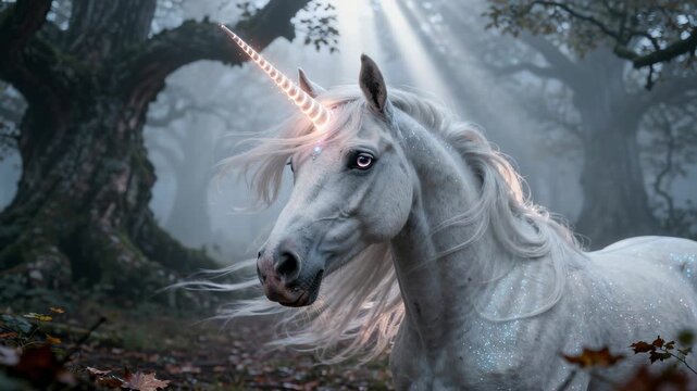 Majestic white unicorn standing in misty enchanted forest with soft sun rays magical woodland trees and fantasy atmosphere creating fairytale animal portrait for dreams mystery mythical nature scene