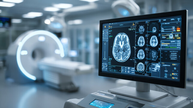 High-tech medical imaging technology displaying brain scans on a computer screen in a modern healthcare facility.