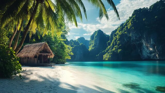 Secluded tropical bay with emerald water sandy shoreline palm trees and rustic beach hut surrounded by cliffs creating idyllic island getaway for luxury travel tourism nature escape and vacation dream