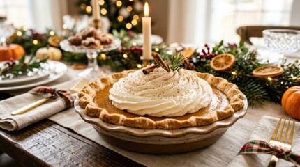 Fototapeta premium Delicious pumpkin pie with whipped cream and cinnamon sticks on a festive holiday table