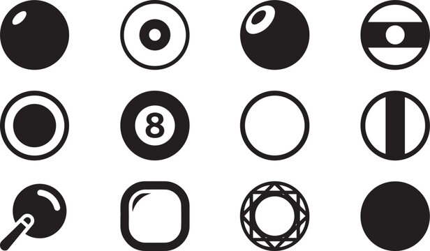 set of black and white billiard balls and shapes  various pool balls