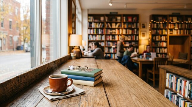 Cozy bookstore corner with steaming coffee, stacked books, and reading glasses on wooden table near window