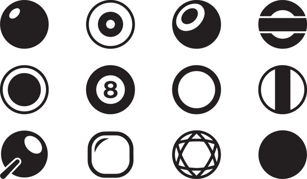 set of black and white billiard balls icons on white background