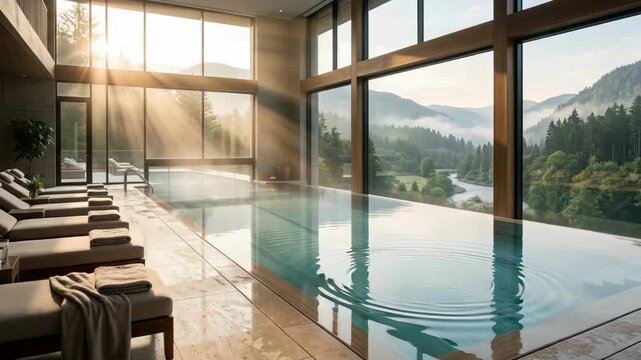 Modern mountain resort spa with indoor swimming pool glass walls comfortable lounge chairs and serene water reflections creating a peaceful luxury wellness retreat for travel relaxation hospitality