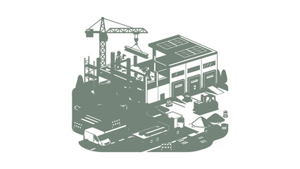Obraz premium Industrial Building Construction Site with Crane and Machinery