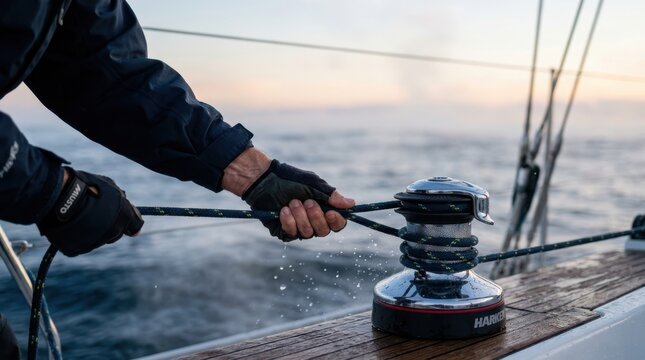 Sailor's hands operating winch with rope on a sailboat at sea