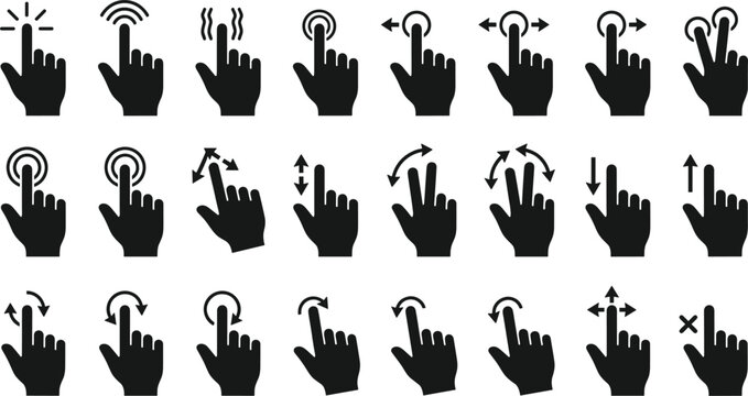 Touch screen gestures hand icon pack for mobile interface swipe tap pinch zoom and scroll navigation design