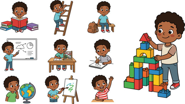 Cute Black boy character school activity set illustration featuring learning playing drawing reading and classroom education elements