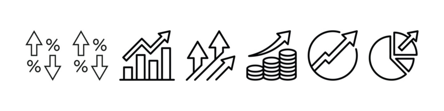 Finance and investment icon set vector, outline style with percentage arrow, bar chart, growth arrows, stacked coins and pie graph for financial rate, analytics and market symbol.