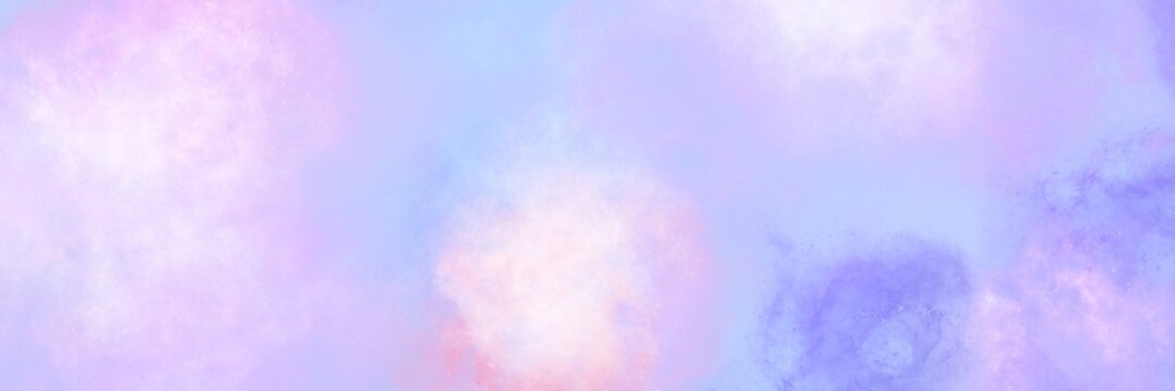 Periwinkle blue and violet watercolor cloudy background. Wide abstract banner featuring a blend of periwinkle blue, violet, and soft white clouds