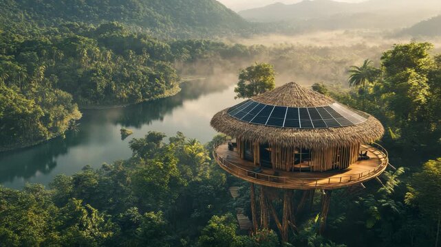 Luxury eco treehouse resort built above misty tropical lake surrounded by rainforest mountains and lush greenery creating peaceful nature retreat for travel tourism wellness adventure and sustainable