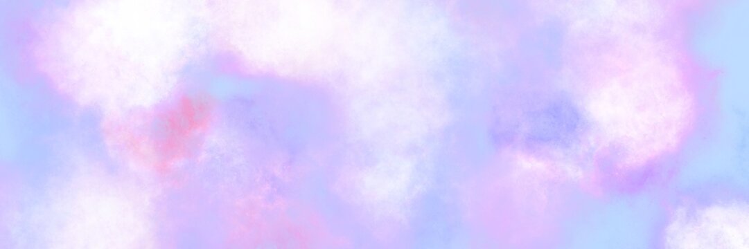 Bright cotton candy watercolor cloud abstract banner. Wide panoramic background featuring a vibrant, bright blend of watercolor clouds in pink, baby blue, and lavender