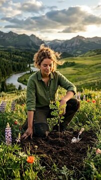 Woman kneeling, planting young oak sapling in fertile soil, surrounded by vibrant wildflower, lush green mountain landscape, serene river winding through valley, celebrating planet.