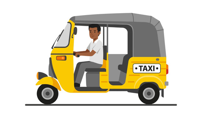 Man drives yellow taxi tuk-tuk on road with rooftop