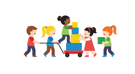 Obraz premium Diverse Children Teamwork Building Blocks Toy Cart