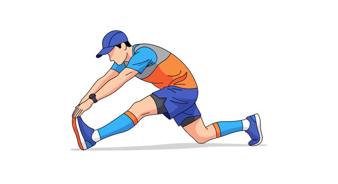 Illustration of an athletic man stretching his leg muscles on a white background