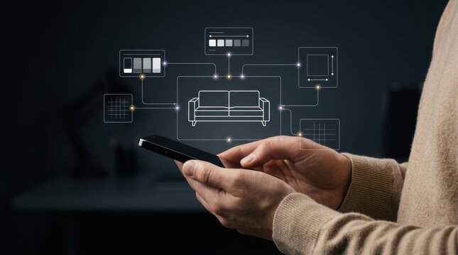 User using smartphone to customize furniture with digital interface, interior design, e-commerce modern technology business concept