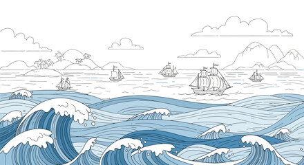 Sailboats navigate the ocean with waves and distant islands. © bagmany