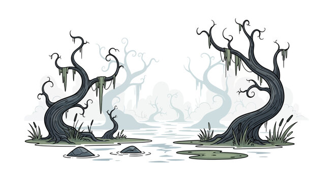 Spooky swamp scene with creepy bare trees and fog