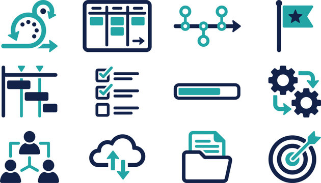 Modern flat icons set illustrating business and technology concepts
