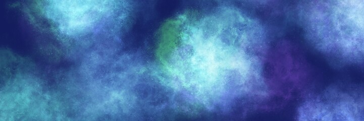 Fototapeta premium Deep blue background with bright cyan and purple smoke. Wide panoramic banner featuring a dark navy blue base, heavily accented with bright cyan and violet white smoke clouds