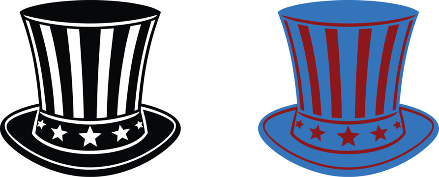 Two uncle sam top hats in black and white and blue and red colors