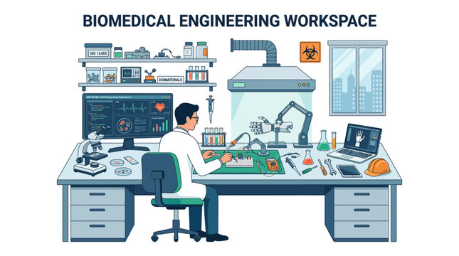 Biomedical Engineering Workspace: Scientist Working on Advanced Medical Equipment
