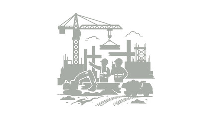 Obraz premium Construction Site Scene with Workers, Crane, Excavator and Buildings