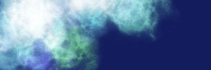 Fototapeta premium Pure white smoke against deep sapphire blue background. Wide panoramic banner featuring a heavy, swirling mass of pure white smoke clouds positioned over a deep sapphire and violet blue background